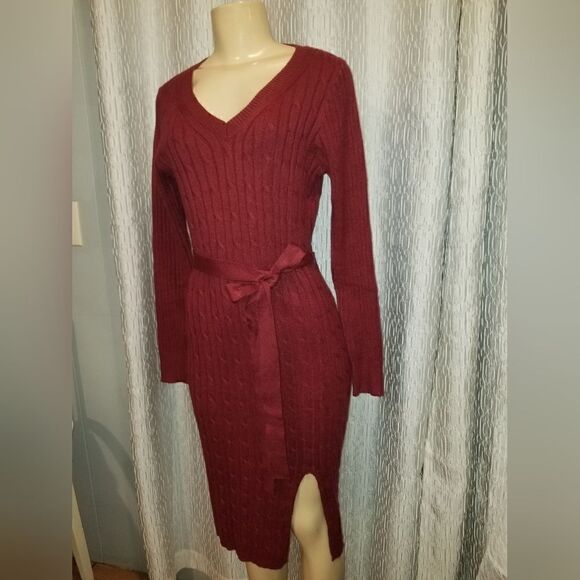 Fall Burgundy MEROKEETY Women's Cable Knit Midi Sweater Dress medium NWOT - Picture 6 of 10